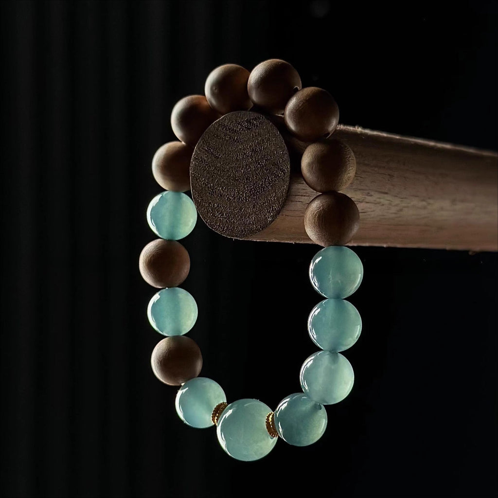 Natural Blue Water Jadeite Bracelet with 10mm Beads & Indian Old Sandalwood – Single Wrap, Unisex