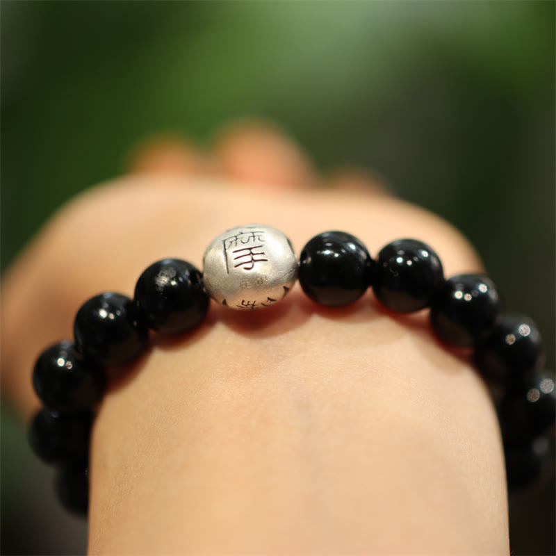 Fortune Jewel 925 Sterling Silver Black Onyx Bead Character Engraved Protection Bracelet