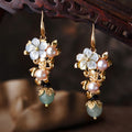 Fortune Jewel 14K Gold Plated Tridacna Stone Flower Pearl Green Aventurine Bead Drop Earrings