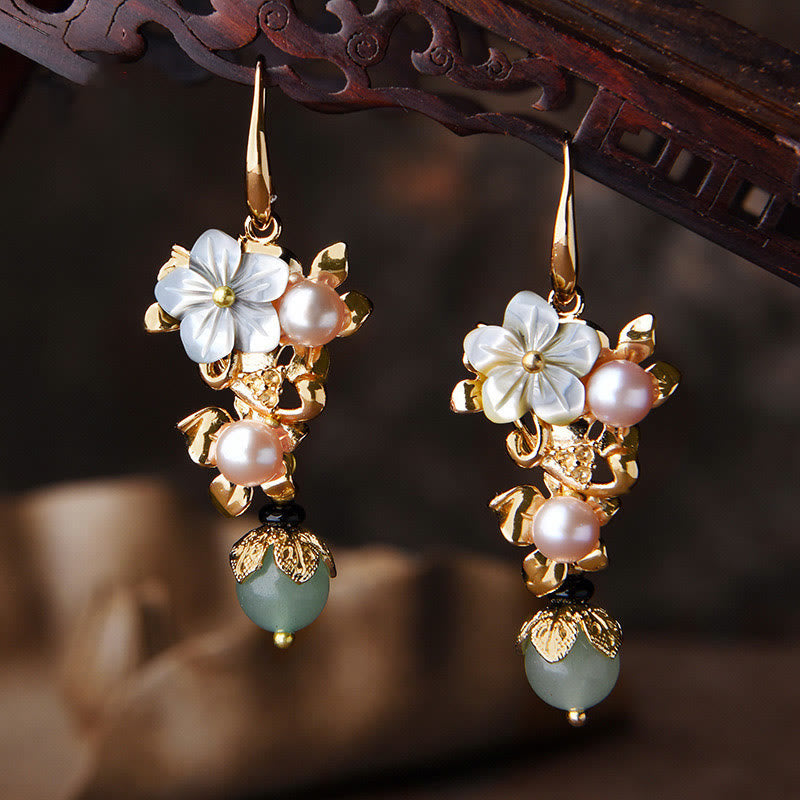 Fortune Jewel 14K Gold Plated Tridacna Stone Flower Pearl Green Aventurine Bead Drop Earrings