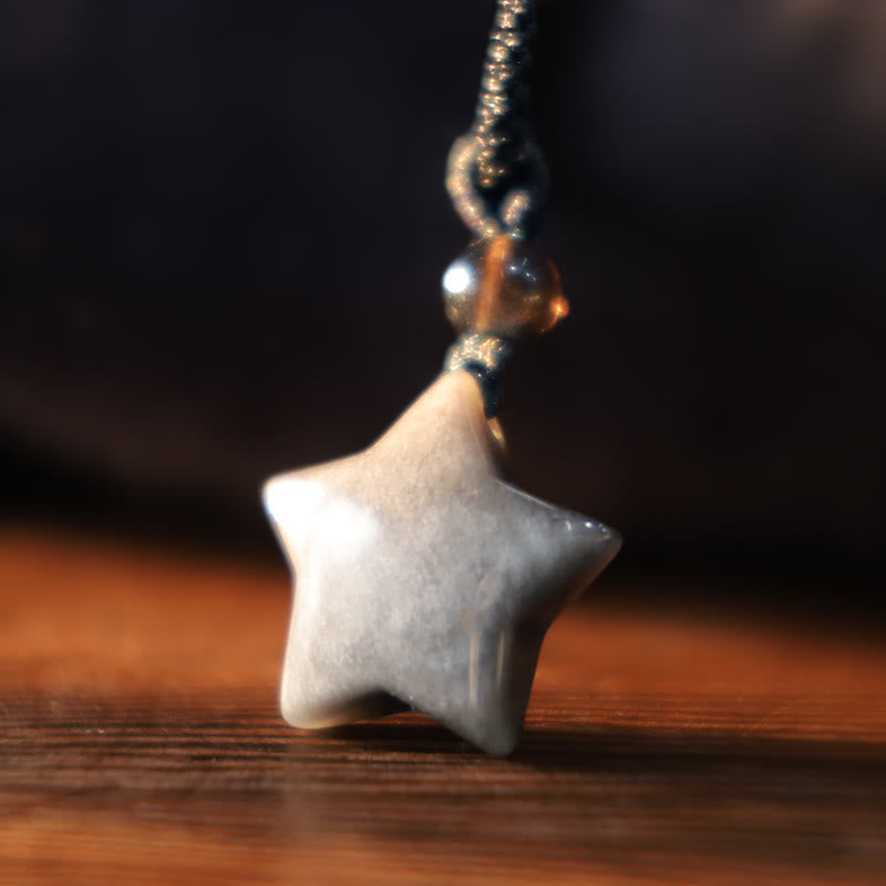 Fortune Jewel Natural Silver Sheen Obsidian Star Crescent Moon Protection Necklace Pendant