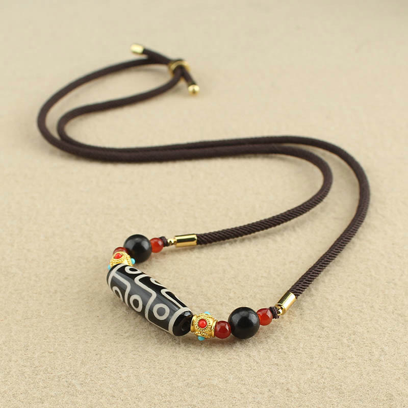 Fortune Jewel Tibetan Nine-Eye Dzi Bead Protection Blessings String Necklace Pendant