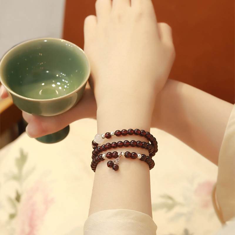 Fortune Jewel 925 Sterling Silver Natural Garnet Cat Eye Protection Triple Wrap Bracelet