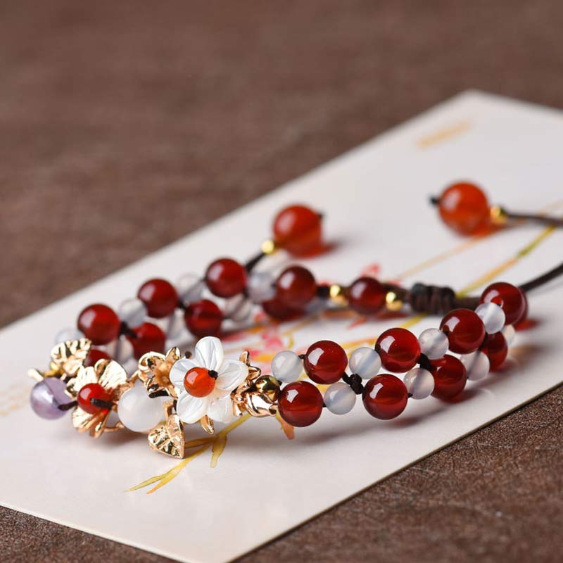Fortune Jewel Green Aventurine Garnet Bead Flower Petal Luck Bracelet