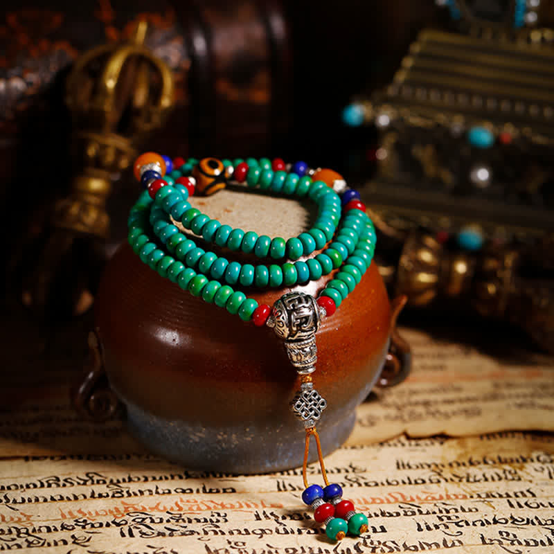 Fortune Jewel 108 Mala Beads Tibetan Turquoise Dzi Bead Protection Bracelet