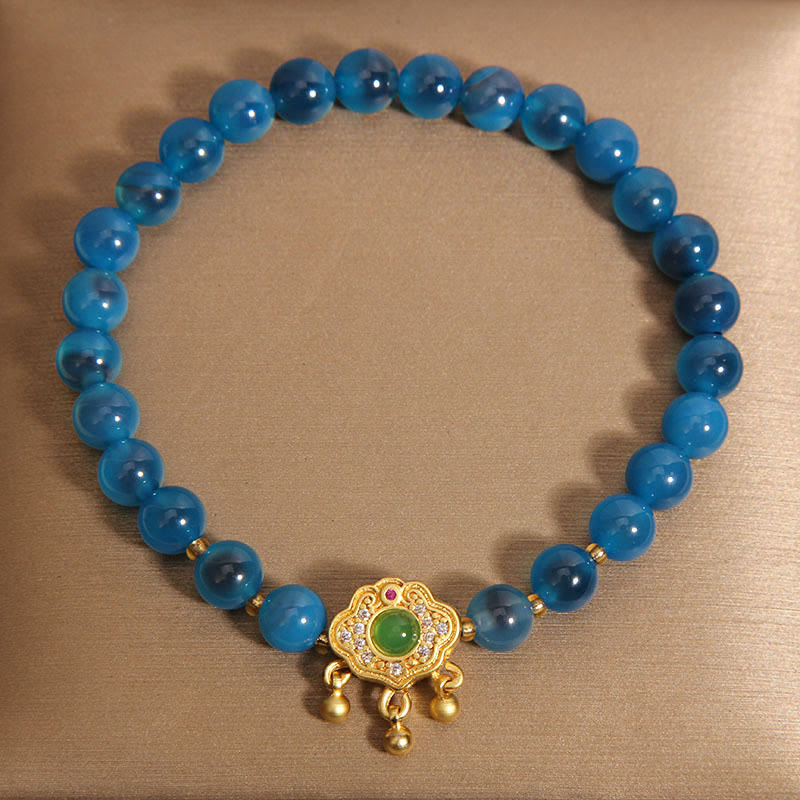 Fortune Jewel Blue Candy Agate Chinese Lock Charm Healing Bracelet