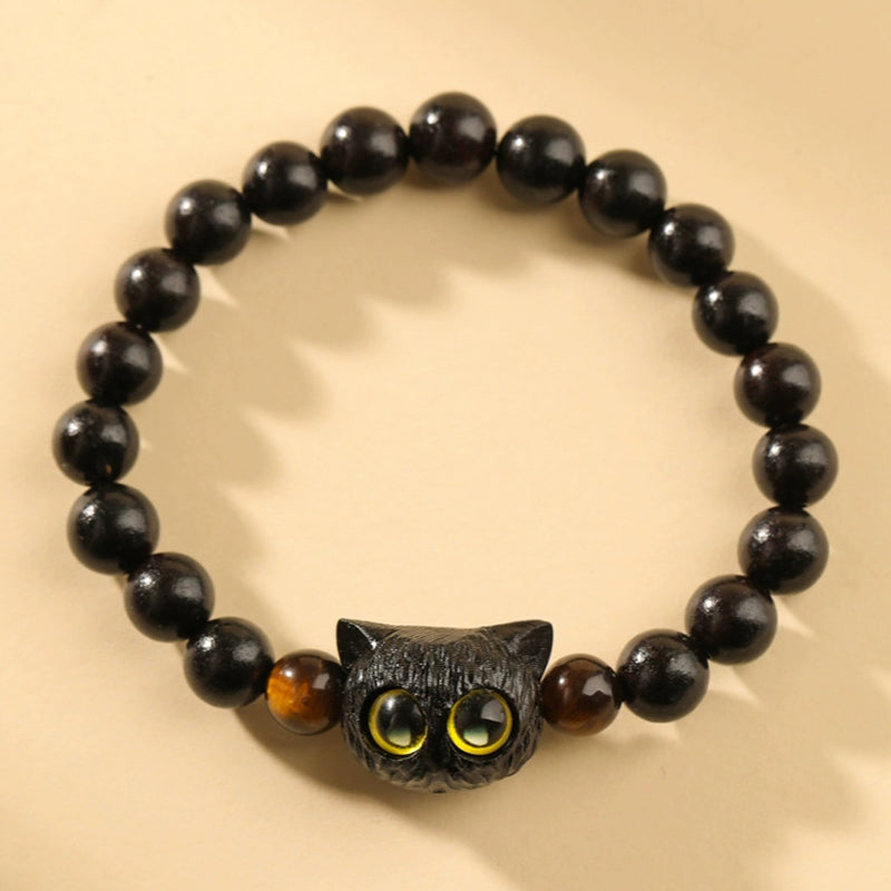 Fortune Jewel Cute Ebony Wood Cat Head Pattern Peace Bracelet