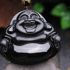 Fortune Jewel Laughing Buddha Black Obsidian Transformation Pendant Necklace
