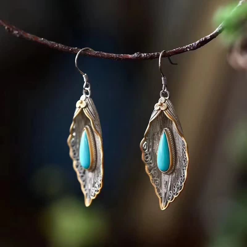 Fortune Jewel 925 Sterling Silver Turquoise Bodhi Leaf Pattern Protection Drop Dangle Earrings
