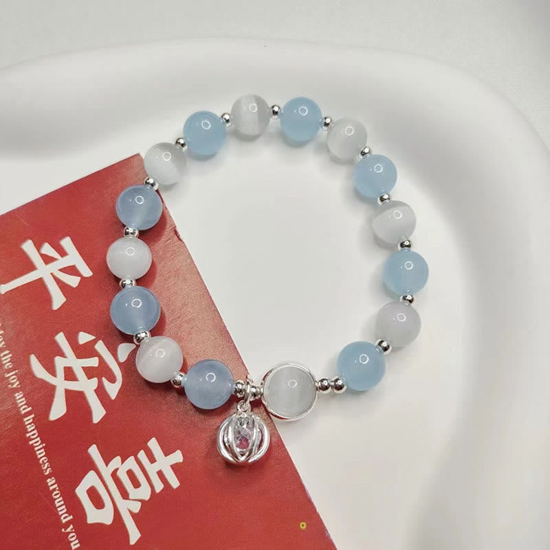 Fortune Jewel 925 Sterling Silver Cat's Eye Aquamarine Support Charm Bracelet