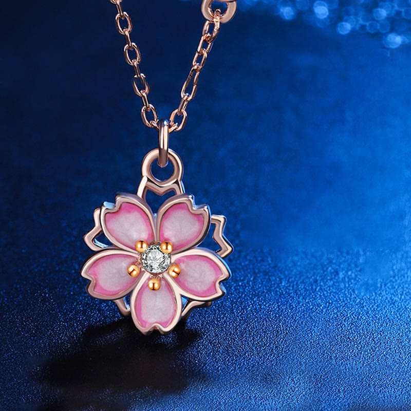 Fortune Jewel 925 Sterling Silver Cherry Blossom Flower Rotatable Protection Necklace Pendant