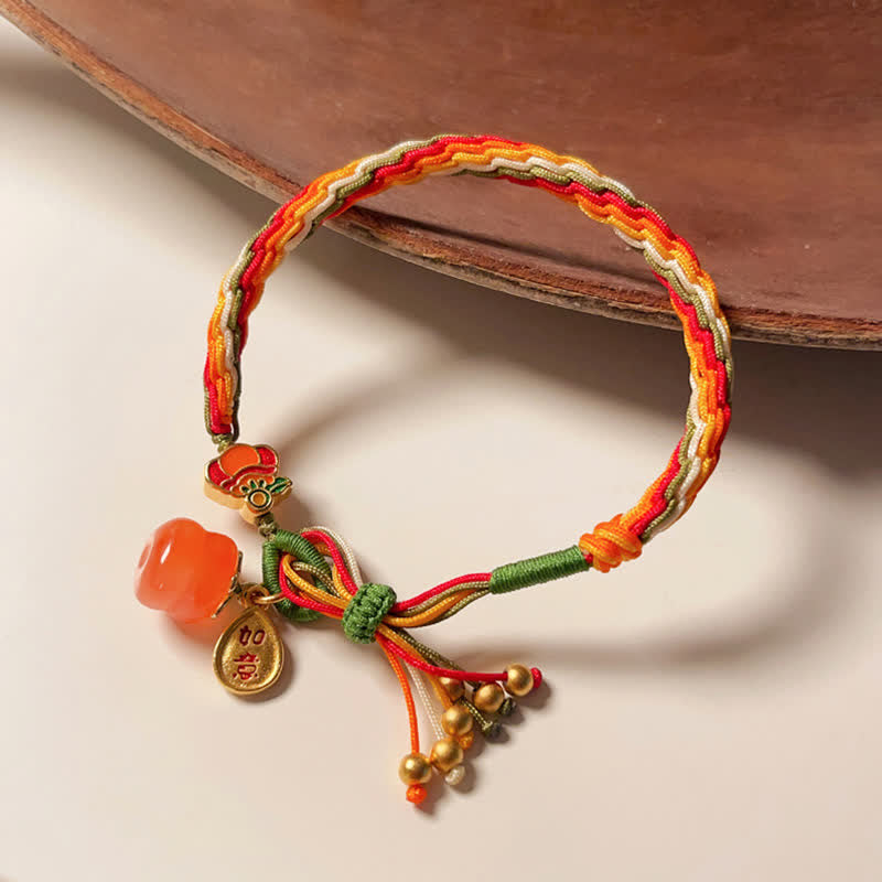 Fortune Jewel Persimmon Red Agate Strength Reincarnation Knot Braid String Bracelet