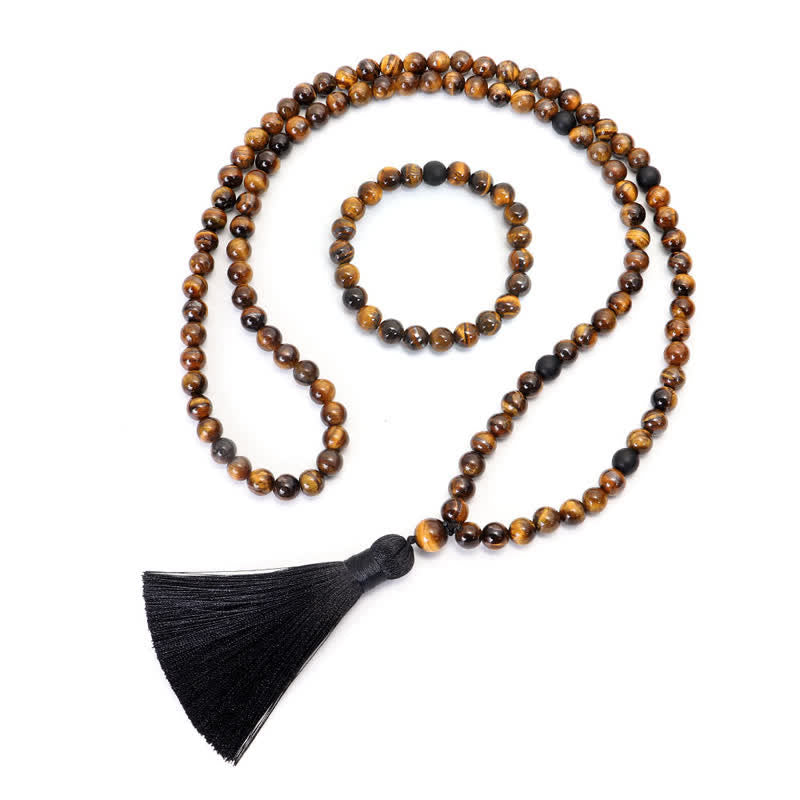 Fortune Jewel 108 Beads Mala Tiger Eye Protection Tassel Bracelet