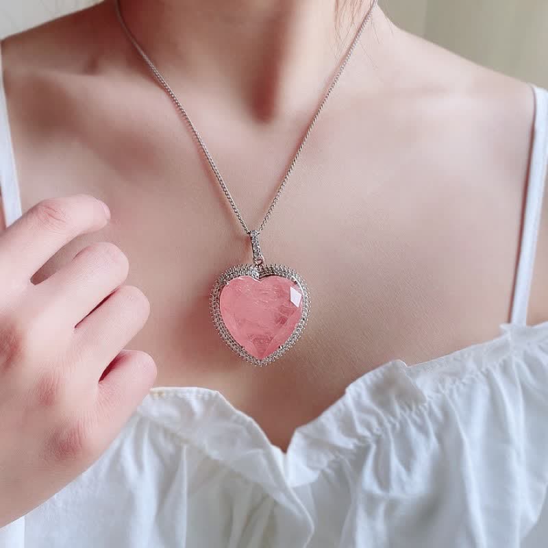 Fortune Jewel Rose Quartz Crystal Love Heart Relationships Necklace Pendant
