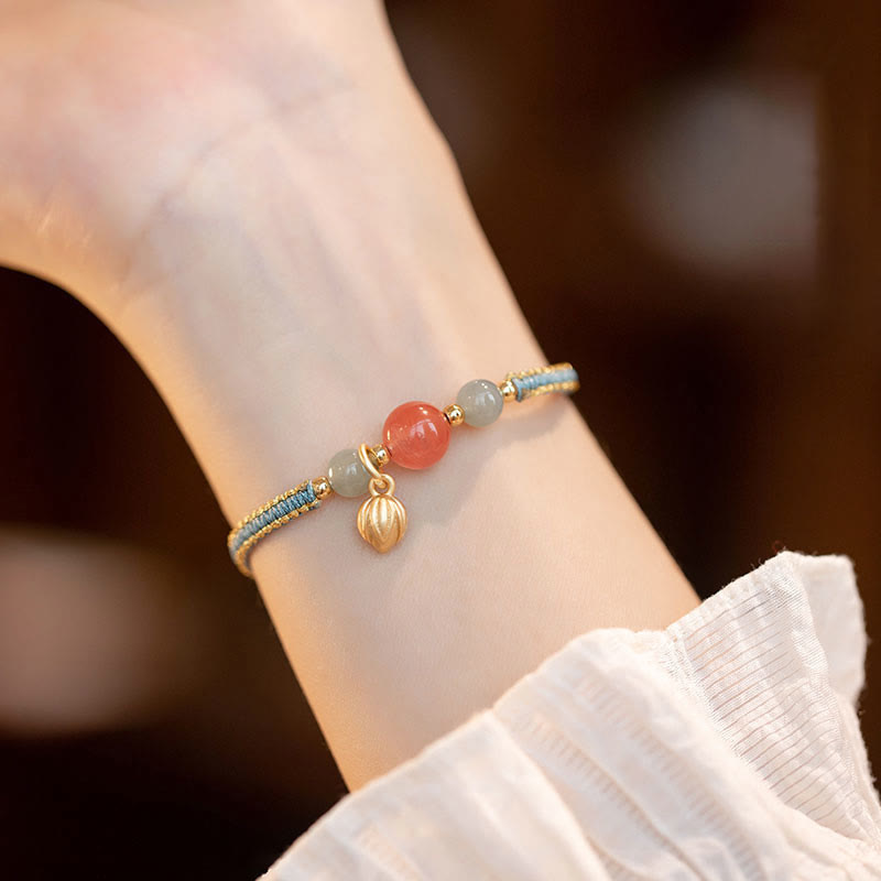 Fortune Jewel Red Agate Jade Lotus Confidence Calm String Bracelet