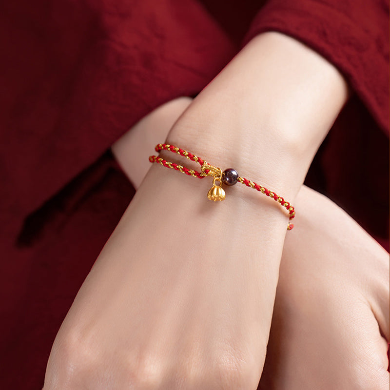 Fortune Jewel Handcrafted Red Gold Rope Lotus Peace And Joy Charm Braid Bracelet