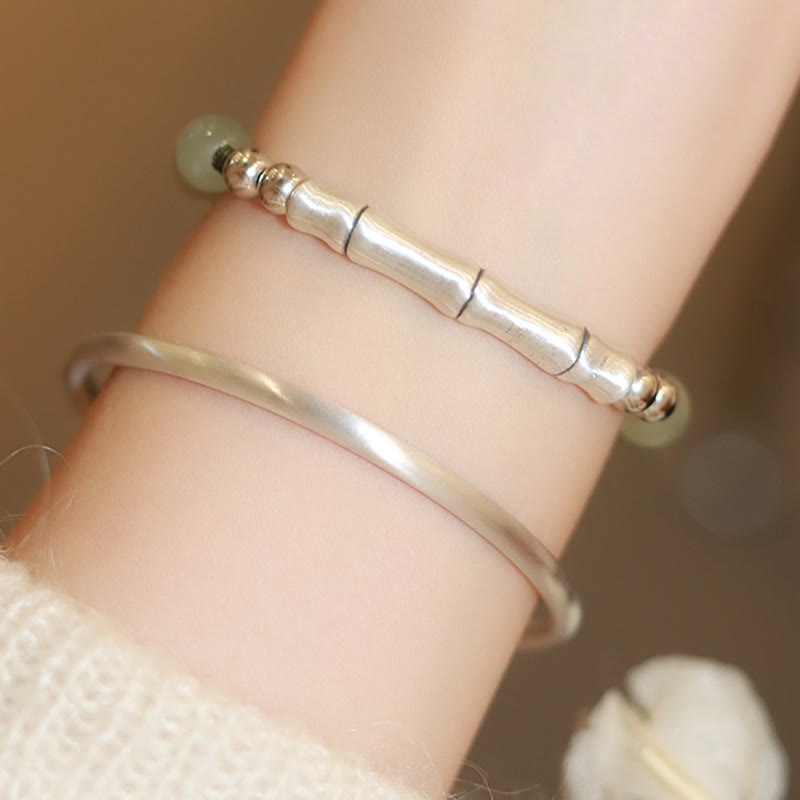 Fortune Jewel 925 Sterling Silver Natural Jade Fu Character Bamboo Abundance Bracelet