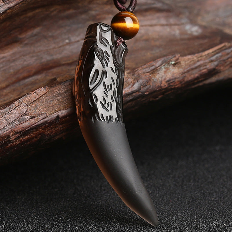 Fortune Jewel Natural Ice Obsidian Wolf Tooth Pattern Courage Necklace Pendant