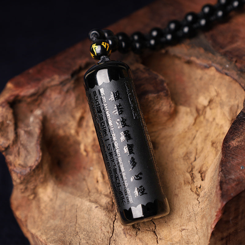 Fortune Jewel Natural Black Obsidian Heart Sutra Purification Necklace Pendant
