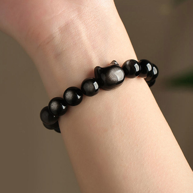 Fortune Jewel Gold Sheen Obsidian Silver Sheen Obsidian Lovely Paw Lucky Cat Protection Bracelet