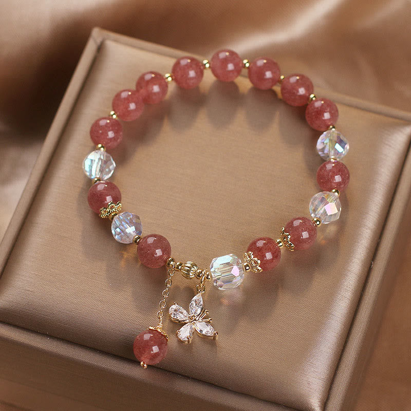 Fortune Jewel Natural Strawberry Quartz Love Healing Butterfly Charm Bracelet