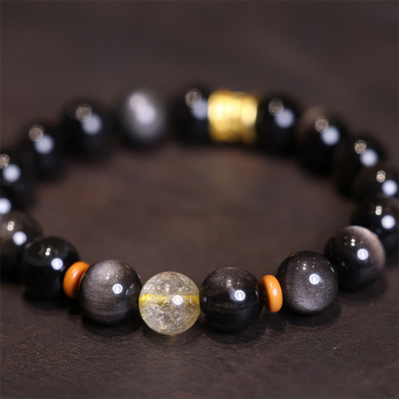 Fortune Jewel Natural Silver Sheen Obsidian Crystal Om Mani Padme Hum Bead Protection Bracelet