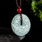 Fortune Jewel Green Jade Flower Carved Peace Buckle Abundance Necklace Pendant