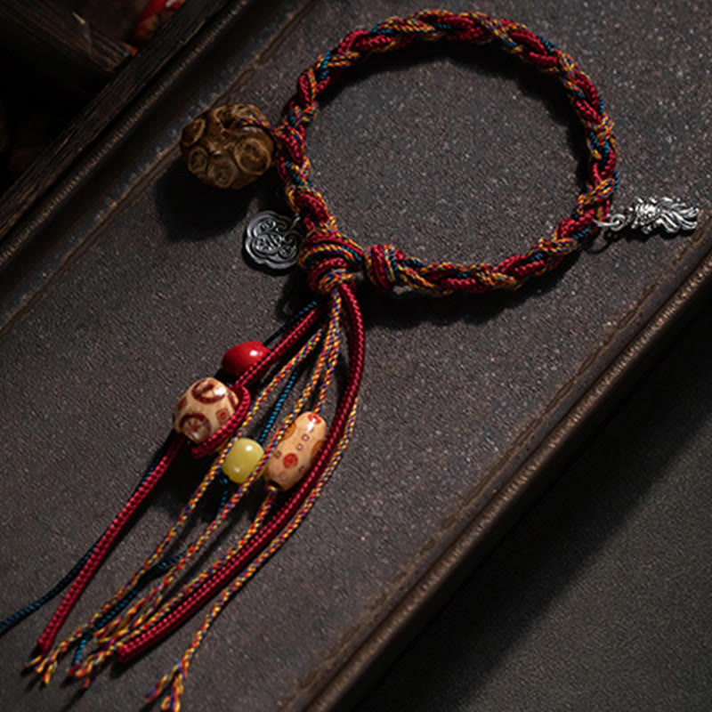Fortune Jewel Tibetan Handmade Colorful Thread 925 Sterling Silver Koi Fish Protection Strength String Bracelet