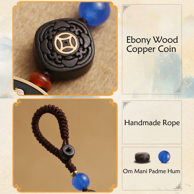 Fortune Jewel PiXiu Copper Coin Ebony Wood Luck Attract Wealth Key Chain Decoration