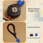 Fortune Jewel PiXiu Copper Coin Ebony Wood Luck Attract Wealth Key Chain Decoration