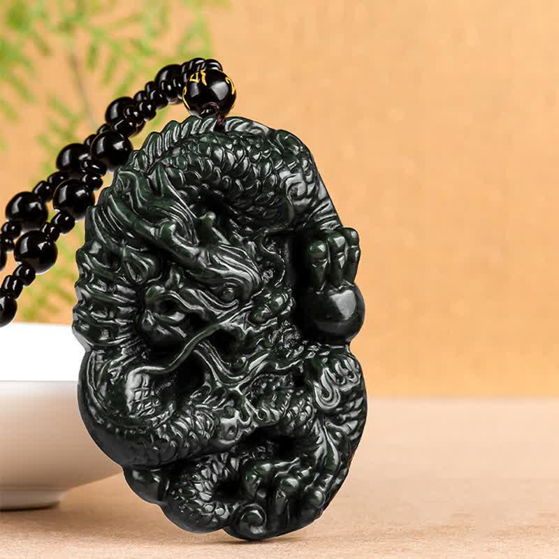 Fortune Jewel Hetian Cyan Jade Dragon Success Harmony Necklace Beaded String Pendant Fortune Jewel