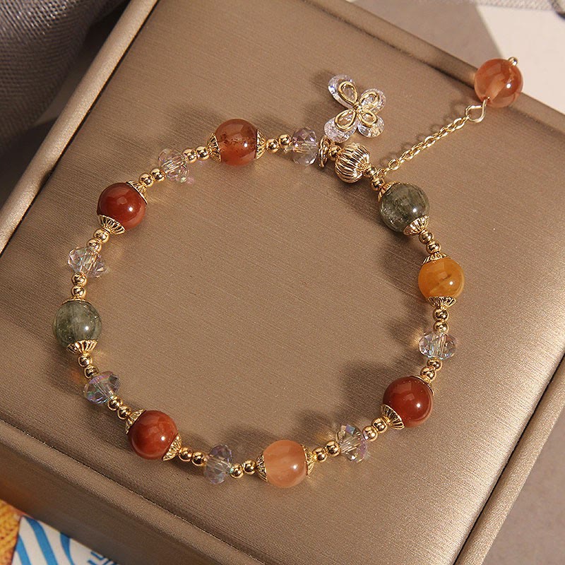 Fortune Jewel Natural Fu Lu Shou Rainbow Crystal Rutilated Quartz Wealth Butterfly Charm Bracelet