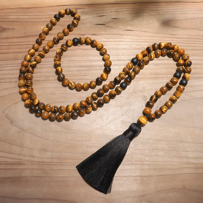 Fortune Jewel 108 Beads Mala Tiger Eye Protection Tassel Bracelet