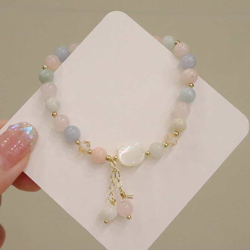 Fortune Jewel Natural Strawberry Quartz Morganite Tridacna Stone Cat Love Bracelet