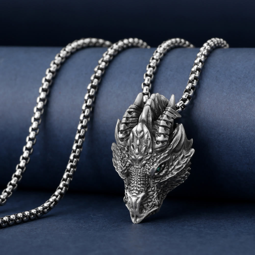 Fortune Jewel Pure Tin Dragon Head Luck Protection Metal Necklace Pendant