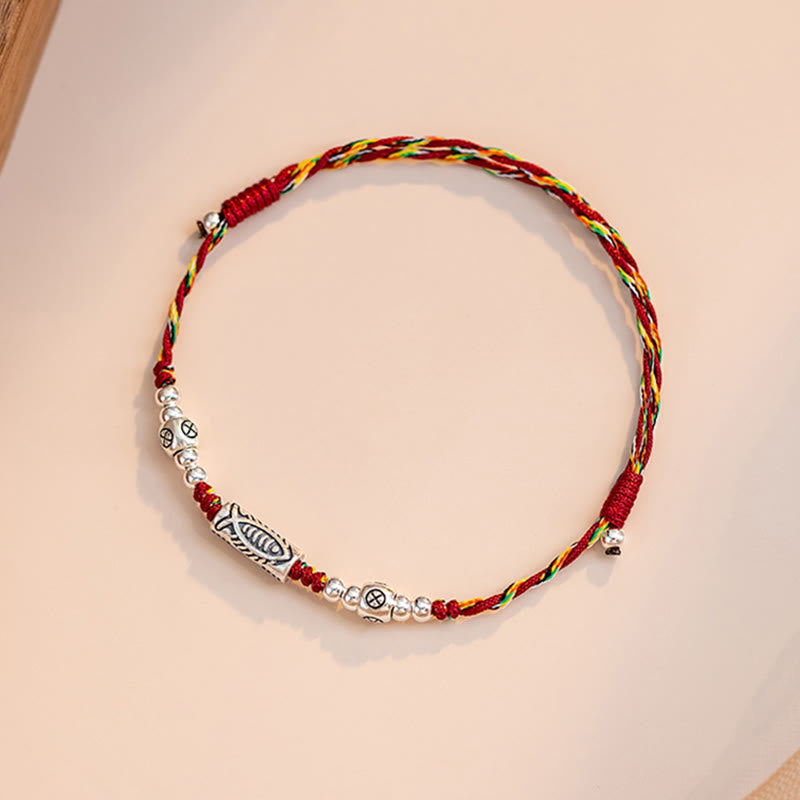 Fortune Jewel 925 Sterling Silver Luck Koi Fish Braided Colorful String Bracelet Anklet