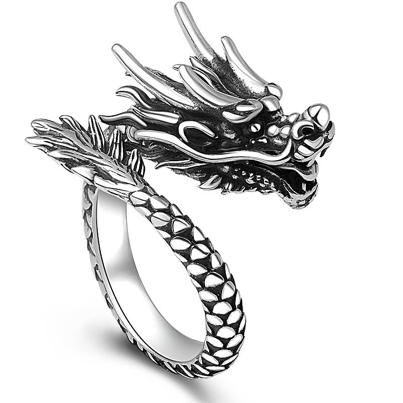 Fortune Jewel 990 Sterling Silver Vintage Dragon Design Luck Protection Strength Adjustable Ring