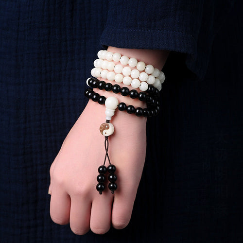 Buddha Stones Ebony YinYang Protection Necklace Mala Fortune Jewel