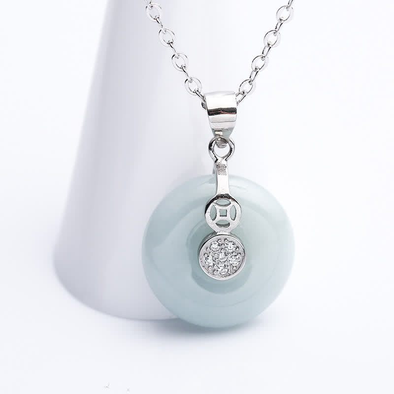 Fortune Jewel 925 Sterling Silver Peace Buckle Jade Coin Luck Necklace Pendant