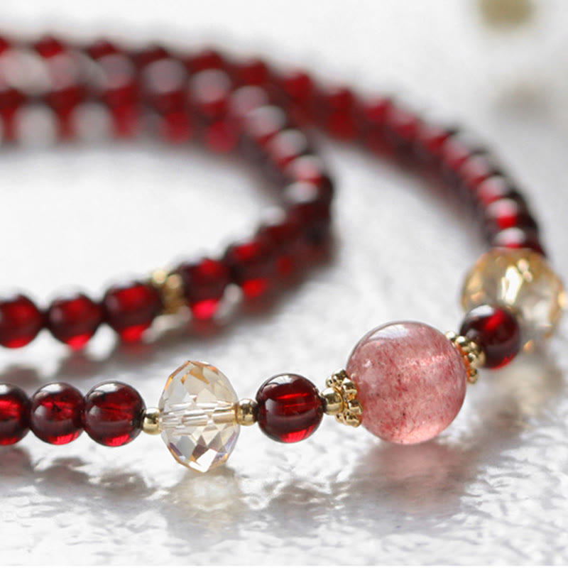 Fortune Jewel 14K Gold Plated Natural Garnet Strawberry Quartz Stability Double Wrap Bracelet