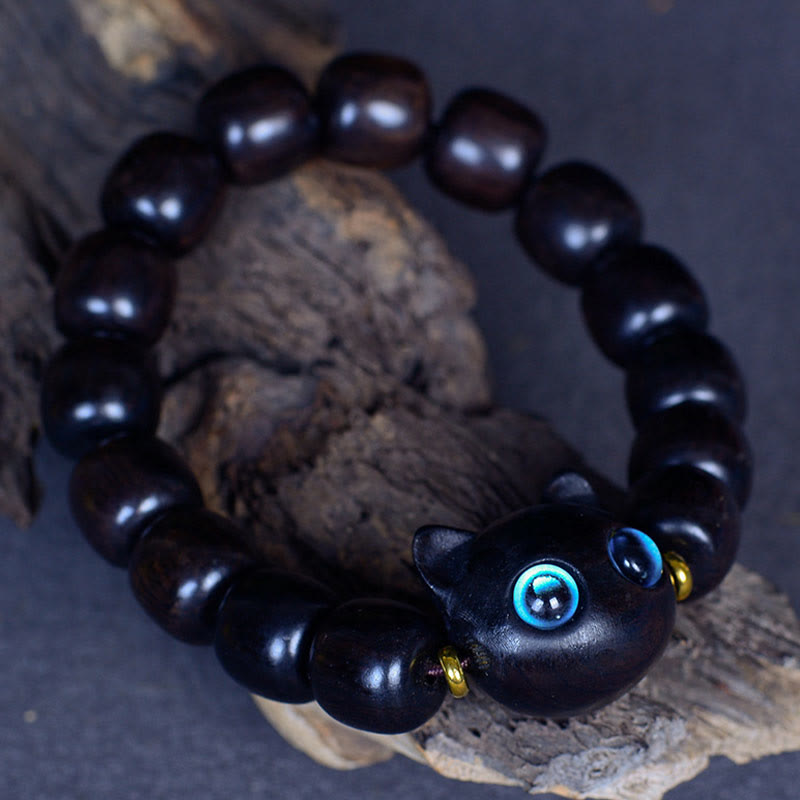 Fortune Jewel Ebony Wood Liuli Glass Lovely Cat Peace Balance Bracelet