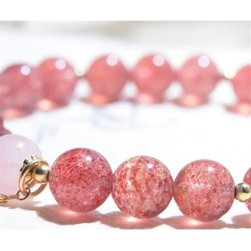 Fortune Jewel Natural Strawberry Quartz Pink Crystal Lucky Cat Paw Love Bracelet