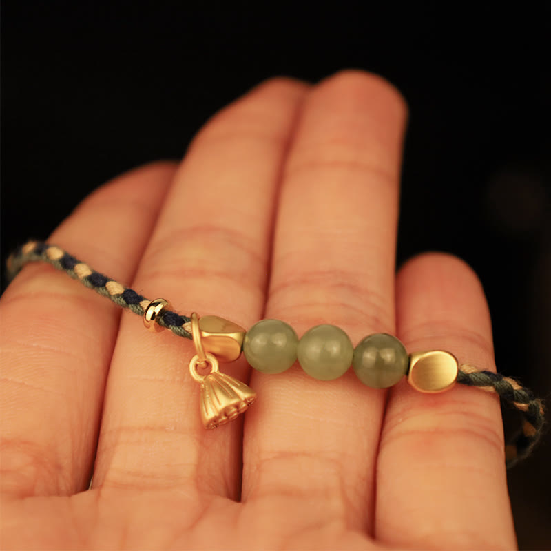 Fortune Jewel Handcrafted Hetian Jade Lotus Charm Luck Braided Bracelet