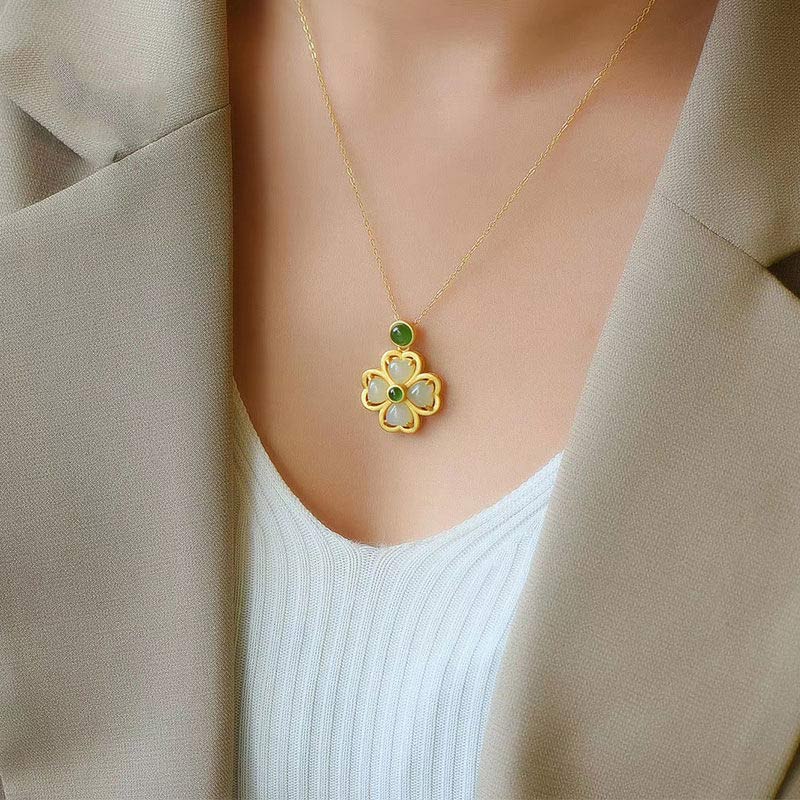 Fortune Jewel 925 Sterling Silver Lucky Four Leaf Clover Jade Prosperity Necklace Chain Pendant