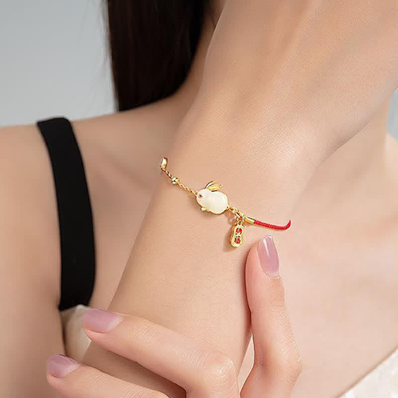 Fortune Jewel Year of the Rabbit White Jade Happiness Red String Chain Bracelet