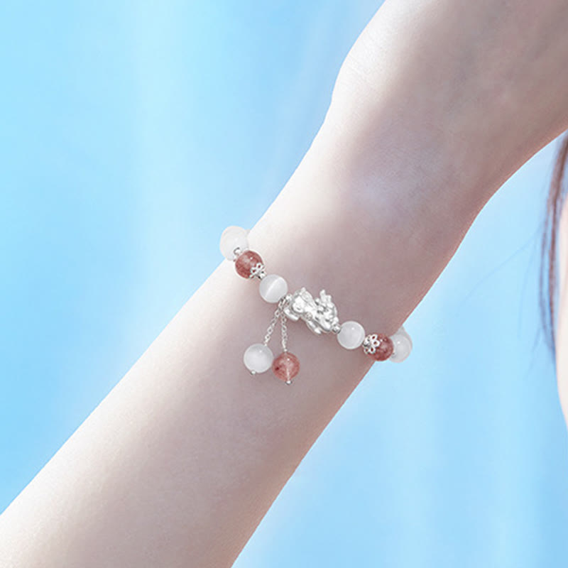 Fortune Jewel Natural Cat's Eye Moonstone Strawberry Quartz PiXiu Support Bracelet
