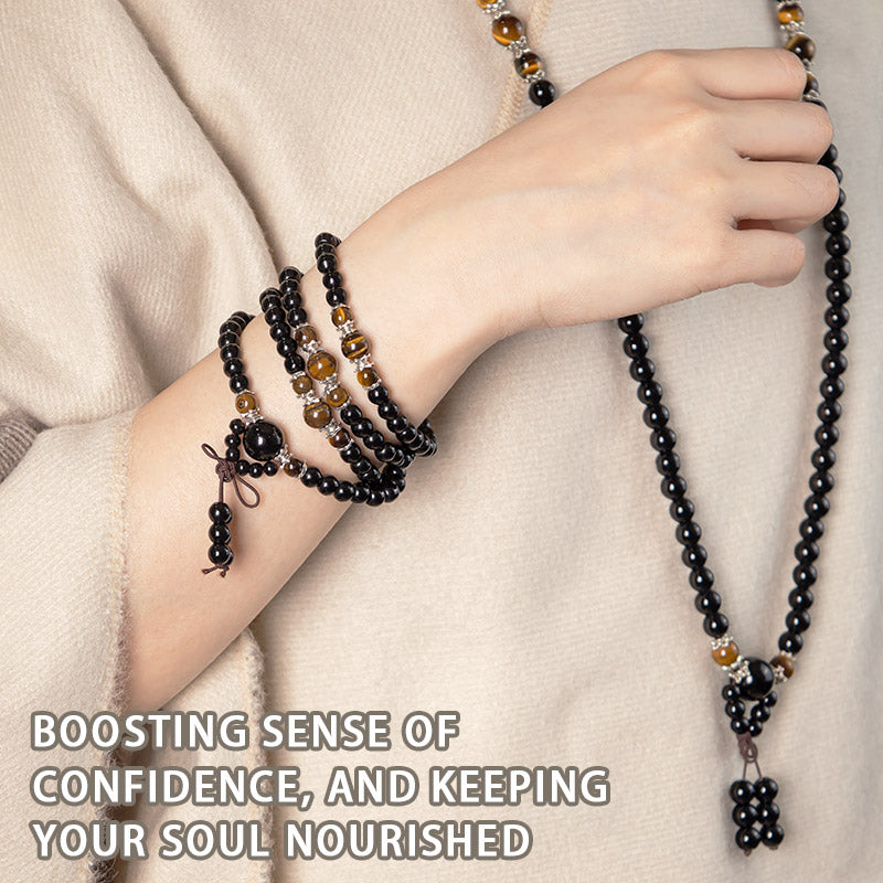 Fortune Jewel 108 Beads Natural Black Obsidian Tiger Eye Mala Bracelet