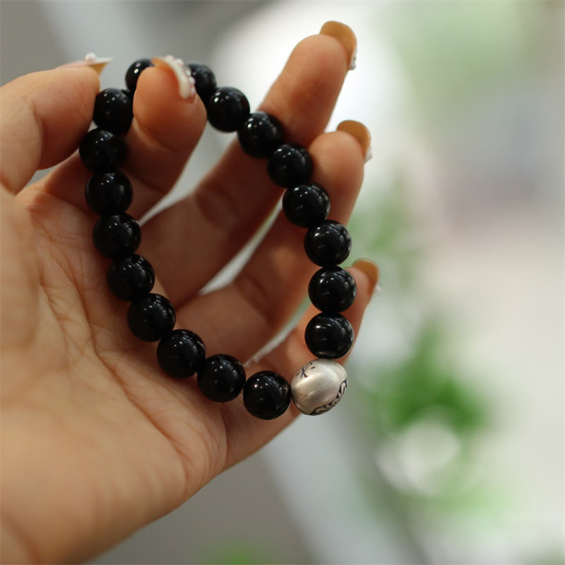 Fortune Jewel 925 Sterling Silver Black Onyx Bead Character Engraved Protection Bracelet