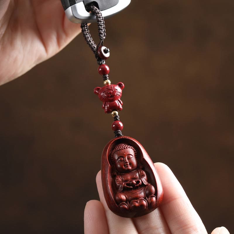 Fortune Jewel Small Leaf Red Sandalwood Buddha Cinnabar Chinese Zodiac Amulet Protection Key Chain
