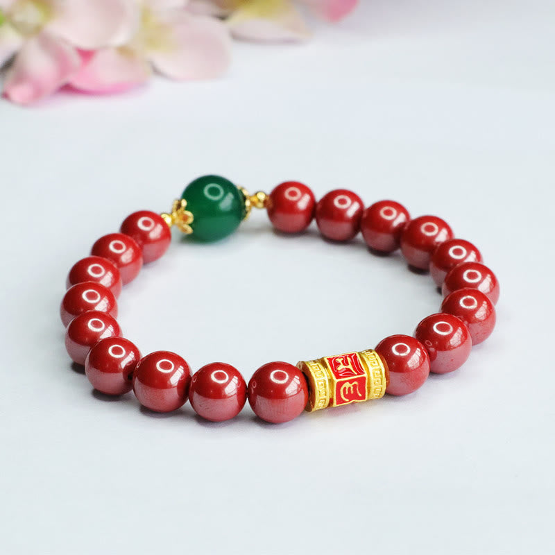 Fortune Jewel Natural Cinnabar Green Agate Om Mani Padme Hum Pattern Blessing Bracelet